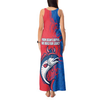 Faroe Islands Tank Maxi Dress with Viking Fish Illustration Red Blue Runic Design - Wonder Print Shop