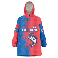 Faroe Islands Wearable Blanket Hoodie with Viking Fish Illustration Red Blue Runic Design - Wonder Print Shop