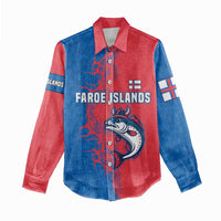Faroe Islands Women Casual Shirt with Viking Fish Illustration Red Blue Runic Design - Wonder Print Shop