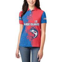 Faroe Islands Women Polo Shirt with Viking Fish Illustration Red Blue Runic Design - Wonder Print Shop