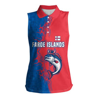 Faroe Islands Women Sleeveless Polo Shirt with Viking Fish Illustration Red Blue Runic Design - Wonder Print Shop