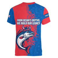 Faroe Islands Women V-Neck T-Shirt with Viking Fish Illustration Red Blue Runic Design - Wonder Print Shop