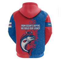 Faroe Islands Zip Hoodie with Viking Fish Illustration Red Blue Runic Design - Wonder Print Shop