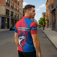 Faroe Islands Zipper Polo Shirt with Viking Fish Illustration Red Blue Runic Design - Wonder Print Shop