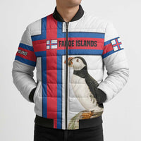 Faroe Islands Bomber Puffer Jacket with Red Blue Cross Design and Puffin Bird - Wonder Print Shop