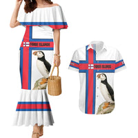 Faroe Islands Couples Matching Mermaid Dress and Hawaiian Shirt with Red Blue Cross Design and Puffin Bird - Wonder Print Shop