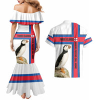 Faroe Islands Couples Matching Mermaid Dress and Hawaiian Shirt with Red Blue Cross Design and Puffin Bird - Wonder Print Shop