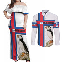 Faroe Islands Couples Matching Off Shoulder Maxi Dress and Long Sleeve Button Shirt with Red Blue Cross Design and Puffin Bird - Wonder Print Shop