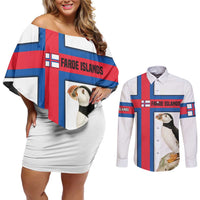 Faroe Islands Couples Matching Off Shoulder Short Dress and Long Sleeve Button Shirt with Red Blue Cross Design and Puffin Bird - Wonder Print Shop