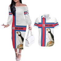 Faroe Islands Couples Matching Off The Shoulder Long Sleeve Dress and Hawaiian Shirt with Red Blue Cross Design and Puffin Bird - Wonder Print Shop