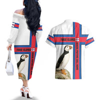 Faroe Islands Couples Matching Off The Shoulder Long Sleeve Dress and Hawaiian Shirt with Red Blue Cross Design and Puffin Bird - Wonder Print Shop