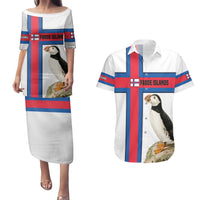 Faroe Islands Couples Matching Puletasi and Hawaiian Shirt with Red Blue Cross Design and Puffin Bird - Wonder Print Shop
