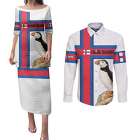 Faroe Islands Couples Matching Puletasi and Long Sleeve Button Shirt with Red Blue Cross Design and Puffin Bird - Wonder Print Shop