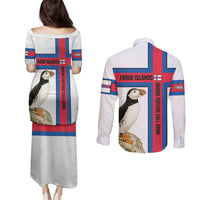 Faroe Islands Couples Matching Puletasi and Long Sleeve Button Shirt with Red Blue Cross Design and Puffin Bird - Wonder Print Shop