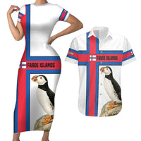 Faroe Islands Couples Matching Short Sleeve Bodycon Dress and Hawaiian Shirt with Red Blue Cross Design and Puffin Bird - Wonder Print Shop