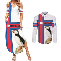 Faroe Islands Couples Matching Summer Maxi Dress and Long Sleeve Button Shirt with Red Blue Cross Design and Puffin Bird - Wonder Print Shop