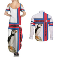 Faroe Islands Couples Matching Summer Maxi Dress and Long Sleeve Button Shirt with Red Blue Cross Design and Puffin Bird - Wonder Print Shop