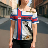 Faroe Islands Cross Shoulder Shirt with Red Blue Cross Design and Puffin Bird - Wonder Print Shop