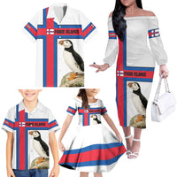 Faroe Islands Family Matching Off The Shoulder Long Sleeve Dress and Hawaiian Shirt with Red Blue Cross Design and Puffin Bird - Wonder Print Shop