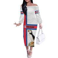 Faroe Islands Family Matching Off The Shoulder Long Sleeve Dress and Hawaiian Shirt with Red Blue Cross Design and Puffin Bird - Wonder Print Shop