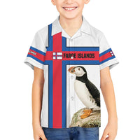 Faroe Islands Family Matching Off Shoulder Maxi Dress and Hawaiian Shirt with Red Blue Cross Design and Puffin Bird - Wonder Print Shop