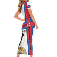 Faroe Islands Family Matching Short Sleeve Bodycon Dress and Hawaiian Shirt with Red Blue Cross Design and Puffin Bird - Wonder Print Shop