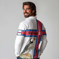 Faroe Islands Long Sleeve Polo Shirt with Red Blue Cross Design and Puffin Bird - Wonder Print Shop