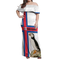 Faroe Islands Off Shoulder Maxi Dress with Red Blue Cross Design and Puffin Bird - Wonder Print Shop