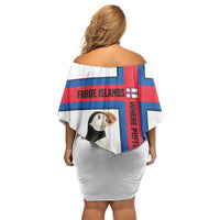 Faroe Islands Off Shoulder Short Dress with Red Blue Cross Design and Puffin Bird - Wonder Print Shop