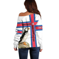 Faroe Islands Off Shoulder Sweater with Red Blue Cross Design and Puffin Bird - Wonder Print Shop