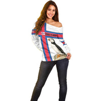 Faroe Islands Off Shoulder Sweater with Red Blue Cross Design and Puffin Bird - Wonder Print Shop