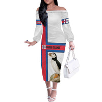 Faroe Islands Off The Shoulder Long Sleeve Dress with Red Blue Cross Design and Puffin Bird - Wonder Print Shop