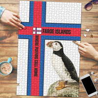 Faroe Islands Puzzle with Red Blue Cross Design and Puffin Bird - Wonder Print Shop