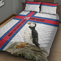 Faroe Islands Quilt Bed Set with Red Blue Cross Design and Puffin Bird - Wonder Print Shop