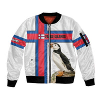 Faroe Islands Sleeve Zip Bomber Jacket with Red Blue Cross Design and Puffin Bird - Wonder Print Shop