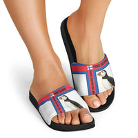 Faroe Islands Slide Sandals with Red Blue Cross Design and Puffin Bird - Wonder Print Shop