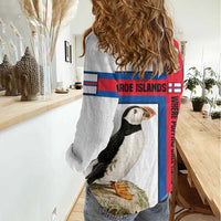 Faroe Islands Women Casual Shirt with Red Blue Cross Design and Puffin Bird - Wonder Print Shop