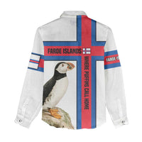 Faroe Islands Women Casual Shirt with Red Blue Cross Design and Puffin Bird - Wonder Print Shop
