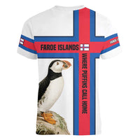 Faroe Islands Women V-Neck T-Shirt with Red Blue Cross Design and Puffin Bird - Wonder Print Shop