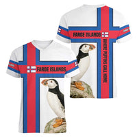 Faroe Islands Women V-Neck T-Shirt with Red Blue Cross Design and Puffin Bird - Wonder Print Shop