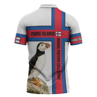 Faroe Islands Zipper Polo Shirt with Red Blue Cross Design and Puffin Bird - Wonder Print Shop