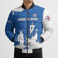 Faroe Islands Bomber Puffer Jacket with Viking Ship and Map Silhouette - Wonder Print Shop