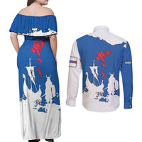 Faroe Islands Couples Matching Off Shoulder Maxi Dress and Long Sleeve Button Shirt with Viking Ship and Map Silhouette - Wonder Print Shop