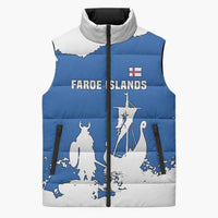 Faroe Islands Sleeveless Puffer Jacket with Viking Ship and Map Silhouette - Wonder Print Shop