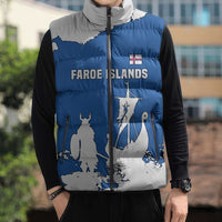 Faroe Islands Sleeveless Puffer Jacket with Viking Ship and Map Silhouette - Wonder Print Shop