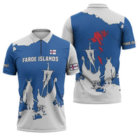 Faroe Islands Zipper Polo Shirt with Viking Ship and Map Silhouette - Wonder Print Shop