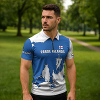 Faroe Islands Zipper Polo Shirt with Viking Ship and Map Silhouette - Wonder Print Shop