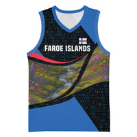 Faroe Islands Basketball Jersey with Waterfall Nature Scene and Rune Pattern Design - Wonder Print Shop