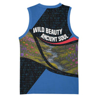 Faroe Islands Basketball Jersey with Waterfall Nature Scene and Rune Pattern Design - Wonder Print Shop