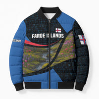 Faroe Islands Bomber Puffer Jacket with Waterfall Nature Scene and Rune Pattern Design - Wonder Print Shop